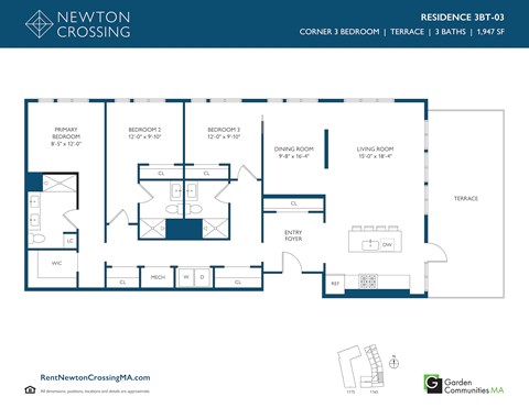 Floor plan for 3 beds, 3 baths, 1947 sqft